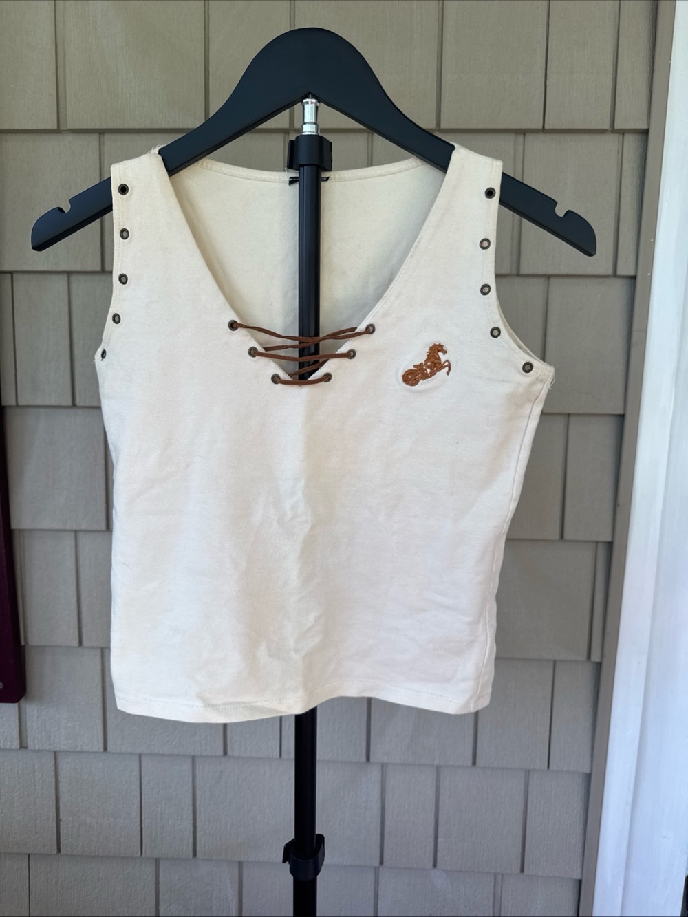 Cream Lace-Up V-Neck Tank Top with Embroidered Accent